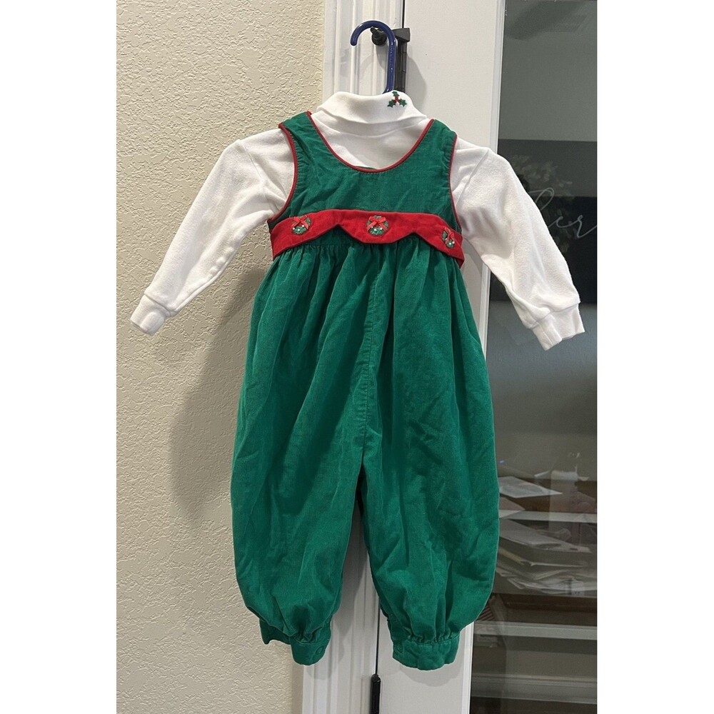 Vintage Hartstrings Baby 18M Christmas Corduroy Romper Wreath Turtleneck Set